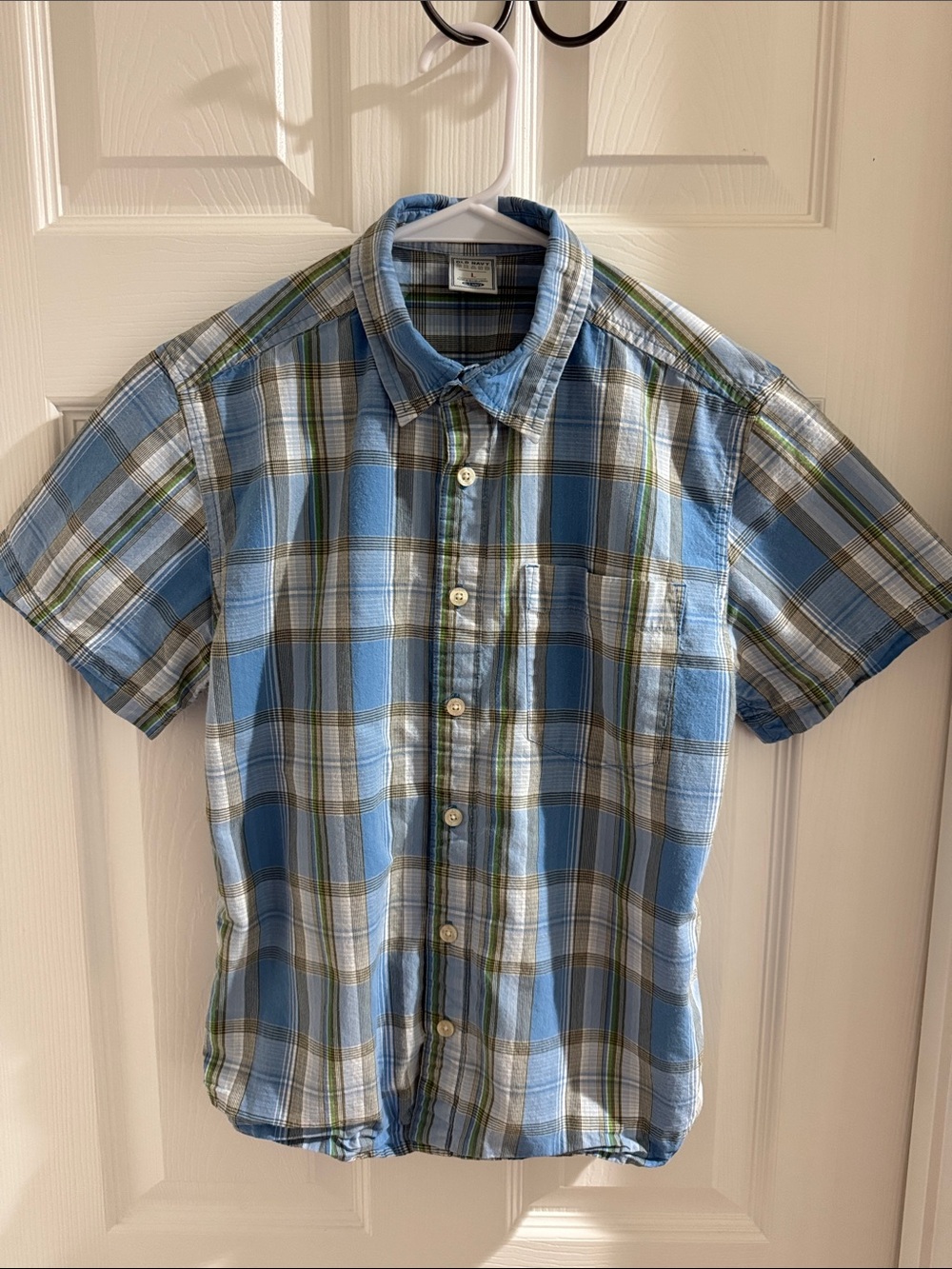 Old Navy Blue White Green Plaid Short-Sleeve Button-Down Shirt